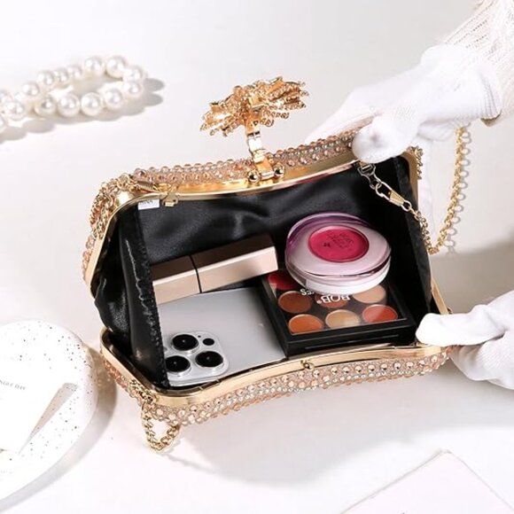Neiman Marcus Rhinestone Black Floral Evening Clutch Handbag